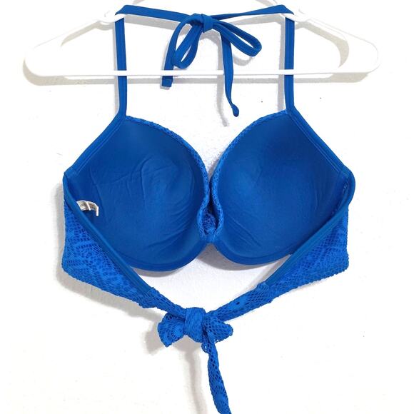 Aerie Twist Front Underwire Lace Overlay Halter Bikini Top Blue Size 36DD - Picture 2 of 9
